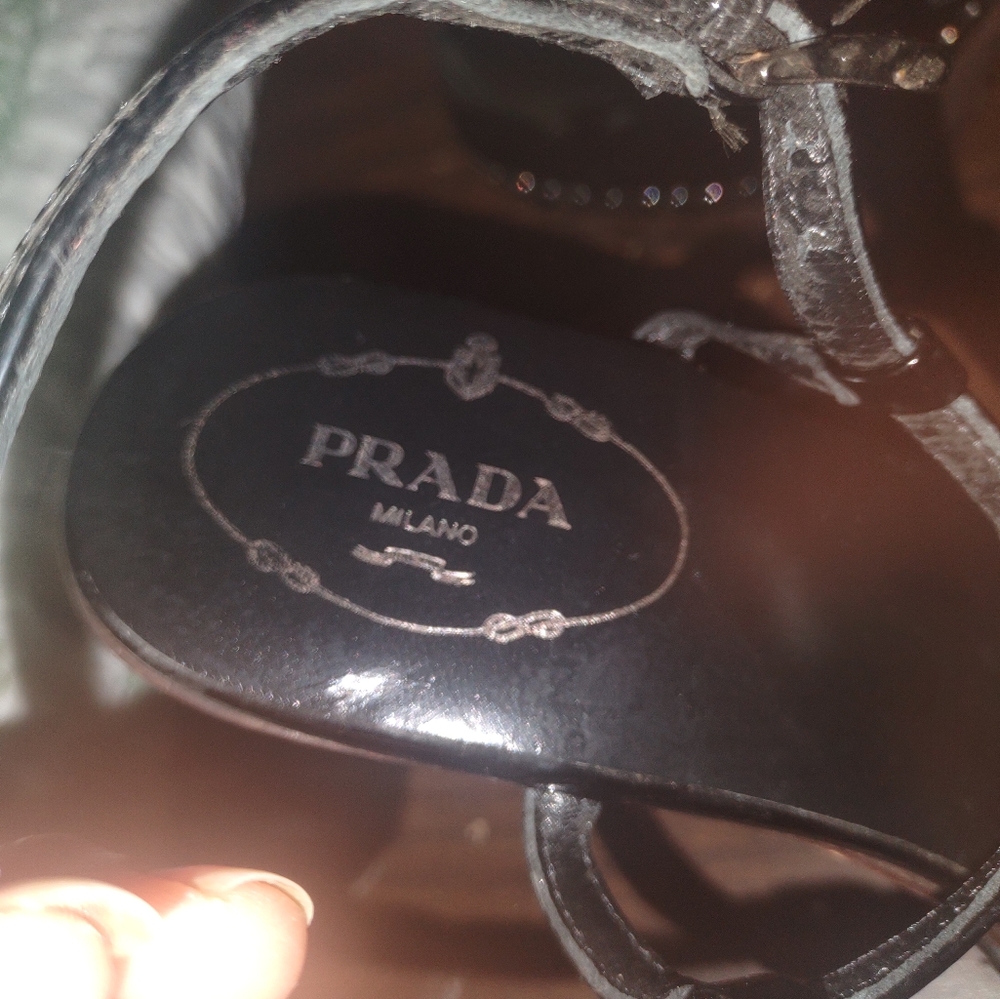 Black patent leather Prada t strap wooden pumps with semi pointed toes